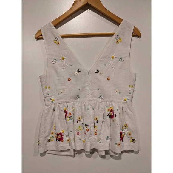 J. Crew Beaded Embroidered White Peplum Top Tank Linen Preppy Old Money Spring - Picture 6 of 6